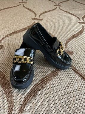 Forever 21 Black Patent Loafers with Gold Chain Accent